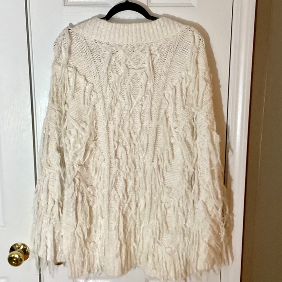 Anthropologie Ivory Fringe V-Neck Sweater Small Textured Pullover - Picture 4 of 12